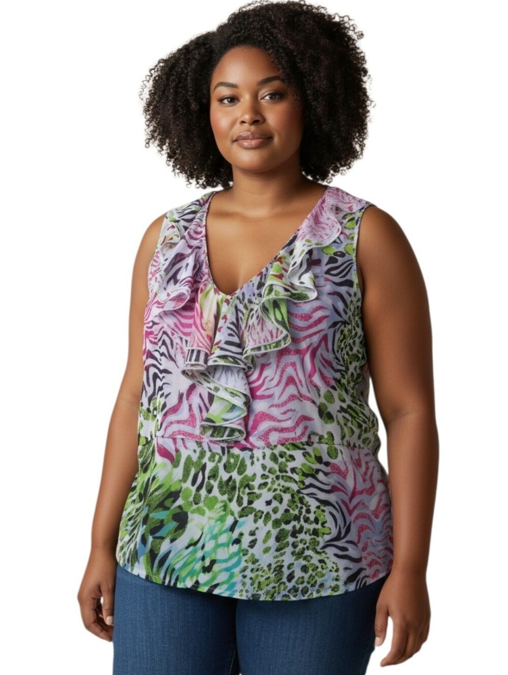 Colorful Chiffon Animal Printed Sleeveless Ruffle Peplum Top